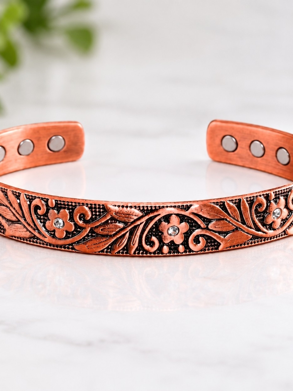 Pure Copper Magnetic Bracelet Floral Cuff 6 Magnets 10mm